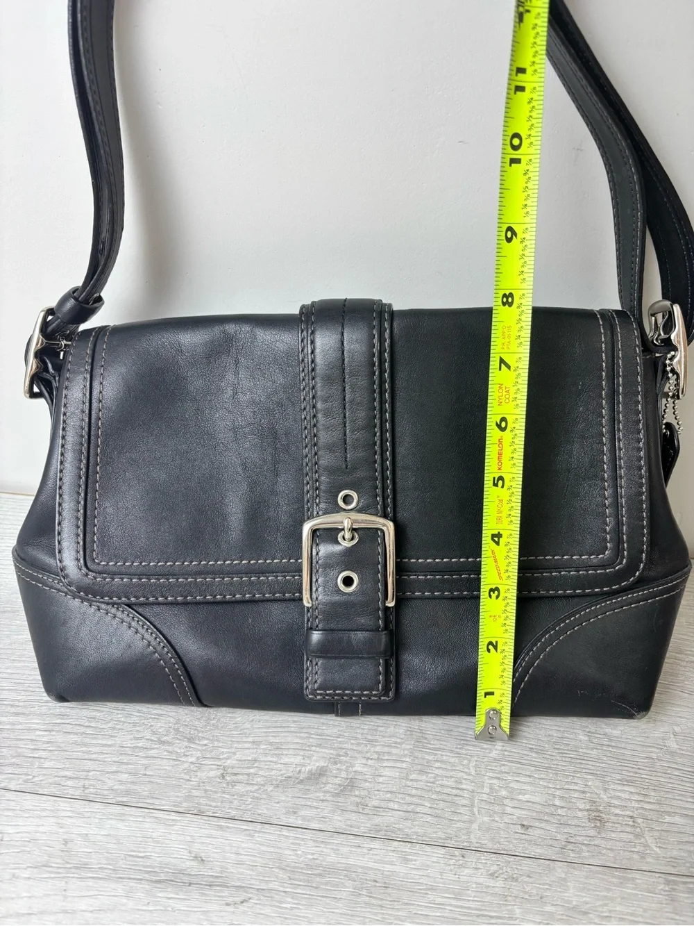 Coach Hampton Black Leather Buckle Flap Shoulder Bag Contrast Stitch Purse